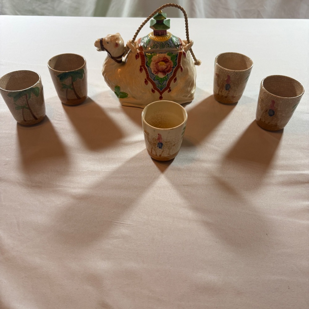 Vintage Camel Ceramic Teapot Set with 5 Cups Hand Painted Pagoda Lid Japan